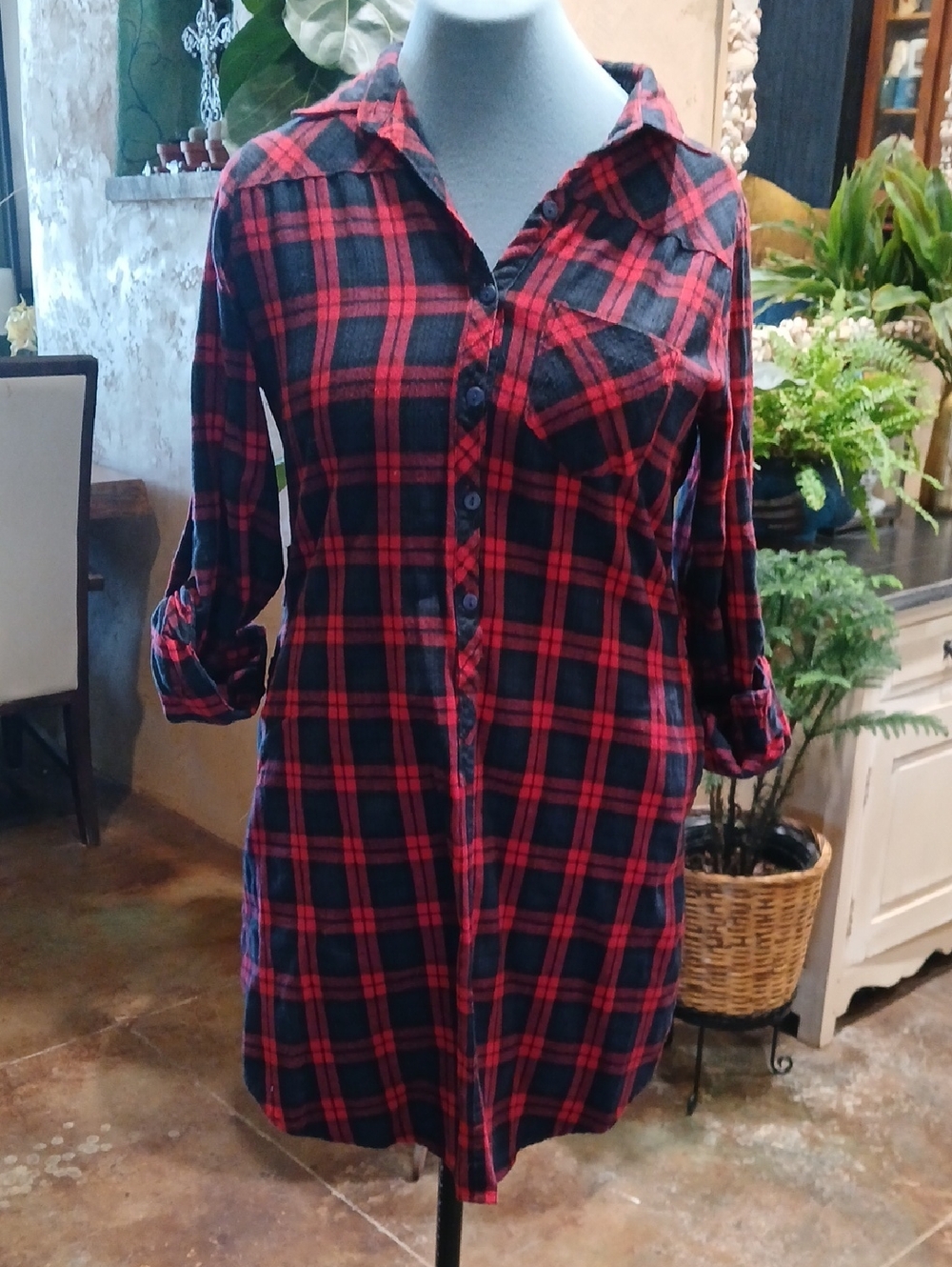 Jade Red and Black Plaid Long Sleeve Shirt Dress